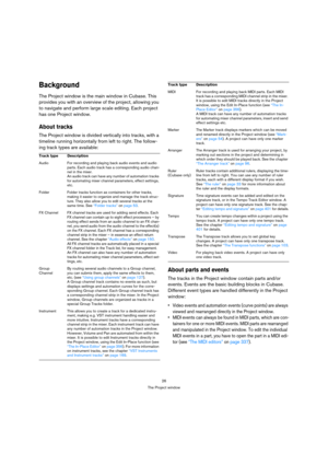 Page 2626
The Project window
Background
The Project window is the main window in Cubase. This 
provides you with an overview of the project, allowing you 
to navigate and perform large scale editing. Each project 
has one Project window.
About tracks
The Project window is divided vertically into tracks, with a 
timeline running horizontally from left to right. The follow-
ing track types are available:
About parts and events
The tracks in the Project window contain parts and/or 
events. Events are the basic...