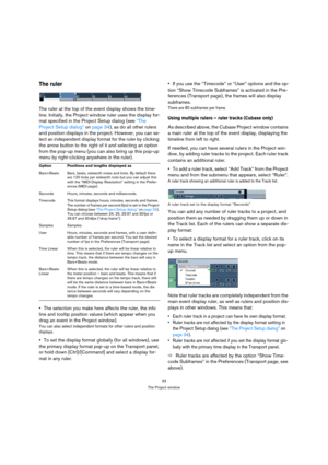 Page 3333
The Project window
The ruler
The ruler at the top of the event display shows the time-
line. Initially, the Project window ruler uses the display for-
mat specified in the Project Setup dialog (see “The 
Project Setup dialog” on page 34), as do all other rulers 
and position displays in the project. However, you can se-
lect an independent display format for the ruler by clicking 
the arrow button to the right of it and selecting an option 
from the pop-up menu (you can also bring up this pop-up 
menu...