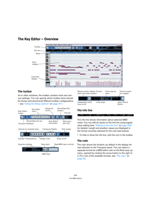 Page 340340
The MIDI editors
The Key Editor – Overview 
The toolbar
As in other windows, the toolbar contains tools and vari-
ous settings. You can specify which toolbar items should 
be shown and store/recall different toolbar configurations 
– see “Using the Setup options” on page 471. 
The info line
The info line shows information about selected MIDI 
notes. You can edit all values on the info line using regular 
value editing (see “Editing on the info line” on page 348 
for details). Length and position...