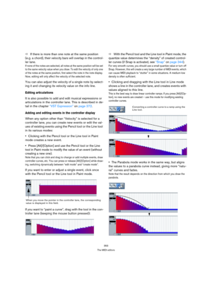 Page 353353
The MIDI editors
ÖIf there is more than one note at the same position 
(e.g. a chord), their velocity bars will overlap in the control-
ler lane. 
If none of the notes are selected, all notes at the same position will be set 
to the same velocity value when you draw. To edit the velocity of only one 
of the notes at the same position, first select the note in the note display. 
Now, editing will only affect the velocity of the selected note.
You can also adjust the velocity of a single note by...