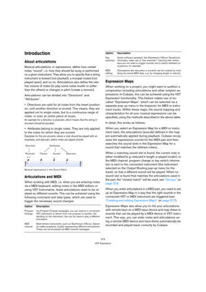 Page 373373
VST Expression
Introduction
About articulations
Musical articulations, or expressions, define how certain 
notes “sound”, i. e. how they should be sung or performed 
on a given instrument. They allow you to specify that a string 
instrument is bowed (not plucked), a trumpet muted (not 
played open), and so on. Articulations also define the rela-
tive volume of notes (to play some notes louder or softer 
than the others) or changes in pitch (create a tremolo).
Articulations can be divided into...
