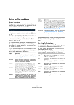 Page 393393
The Project Logical Editor
Setting up filter conditions
General procedure
The upper list is where you set up the filter conditions, de-
termining which elements to find. The list contains one or 
several conditions, each on a separate line.
To add a new condition, click the Add button (+) below 
the list.
The new line is added at the bottom of the list. If there are many lines, you 
may need to use the scrollbar to the right to view them.
To remove a condition, select it and click the Delete 
button...