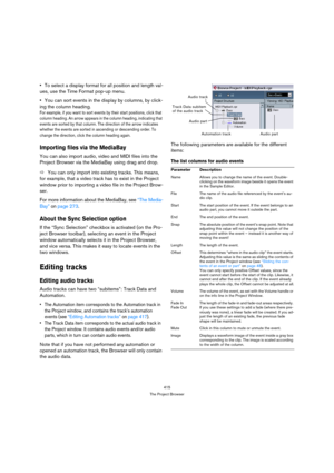 Page 415415
The Project Browser
To select a display format for all position and length val-
ues, use the Time Format pop-up menu.
You can sort events in the display by columns, by click-
ing the column heading.
For example, if you want to sort events by their start positions, click that 
column heading. An arrow appears in the column heading, indicating that 
events are sorted by that column. The direction of the arrow indicates 
whether the events are sorted in ascending or descending order. To 
change the...