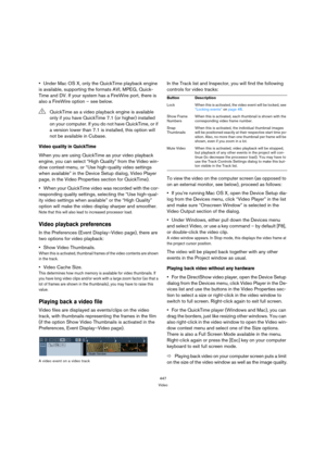 Page 447447
Video
Under Mac OS X, only the QuickTime playback engine 
is available, supporting the formats AVI, MPEG, Quick-
Time and DV. If your system has a FireWire port, there is 
also a FireWire option – see below.
Video quality in QuickTime
When you are using QuickTime as your video playback 
engine, you can select “High Quality” from the Video win-
dow context-menu, or “Use high-quality video settings 
when available” in the Device Setup dialog, Video Player 
page, in the Video Properties section for...