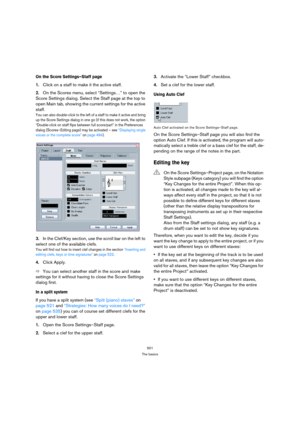 Page 501501
The basics
On the Score Settings–Staff page
1.Click on a staff to make it the active staff.
2.On the Scores menu, select “Settings…” to open the 
Score Settings dialog. Select the Staff page at the top to 
open Main tab, showing the current settings for the active 
staff.
You can also double-click to the left of a staff to make it active and bring 
up the Score Settings dialog in one go (if this does not work, the option 
“Double-click on staff flips between full score/part” in the Preferences...