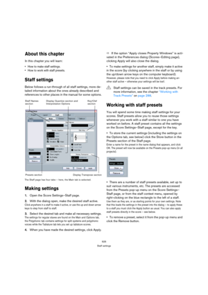 Page 525525
Staff settings
About this chapter
In this chapter you will learn:
 How to make staff settings.
 How to work with staff presets.
Staff settings
Below follows a run-through of all staff settings, more de-
tailed information about the ones already described and 
references to other places in the manual for some options.
The Staff page has four tabs – here, the Main tab is selected.
Making settings
1.Open the Score Settings–Staff page.
2.With the dialog open, make the desired staff active.
Click anywhere...