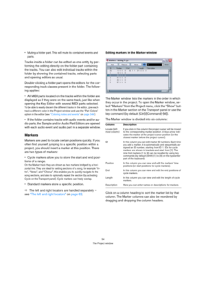 Page 5454
The Project window
 Muting a folder part. This will mute its contained events and 
parts.
Tracks inside a folder can be edited as one entity by per-
forming the editing directly on the folder part containing 
the tracks. You can also edit individual tracks within the 
folder by showing the contained tracks, selecting parts 
and opening editors as usual.
Double-clicking a folder part opens the editors for the cor-
responding track classes present in the folder. The follow-
ing applies:
All MIDI parts...