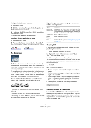 Page 561561
Working with symbols
Adding a slur/tie between two notes
1.Select two notes.
2.Click the correct slur/tie symbol in the Inspector, so 
that the Pencil tool is selected.
3.Hold down [Ctrl]/[Command] and [Shift] and click on 
one of the two notes.
The slur/tie is added between the two selected notes.
Inserting a slur over a selection of notes
1.Select a span of notes.
2.Pull down the Scores menu and select “Insert Slur”.
A slur is created, starting at the first selected note and ending at the last.
The...