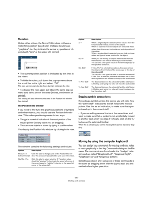 Page 567567
Working with symbols
The rulers 
Unlike other editors, the Score Editor does not have a 
meter/time position-based ruler. Instead, its rulers are 
“graphical”, i.e. they indicate the actual x-y position of ob-
jects (with “zero” at the upper left corner).
The current pointer position is indicated by thin lines in 
the rulers.
To hide the rulers, pull down the pop-up menu above 
the scroll bar to the right and select “Off”.
This pop-up menu can also be shown by right-clicking in the ruler.
To display...