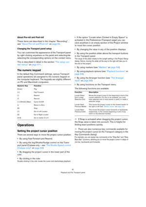 Page 6161
Playback and the Transport panel
About Pre-roll and Post-roll
These items are described in the chapter “Recording”, 
see “About Pre-roll and Post-roll” on page 84.
Changing the Transport panel setup
You can customize the appearance of the Transport panel 
by right-clicking anywhere on the panel and selecting/de-
selecting the corresponding options on the context menu.
This is described in detail in the section “The setup con-
text menus” on page 471.
The numeric keypad
In the default Key Command...