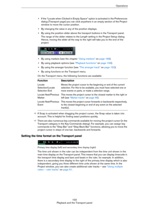 Page 103103
Playback and the Transport panelOperations
•If the “Locate when Clicked in Empty Space” option is activated in the Preferences 
dialog (Transport page) you can click anywhere in an empty section of the Project 
window to move the cursor position.
•By changing the value in any of the position displays.
•By using the position slider above the transport buttons in the Transport panel.
The range of the slider relates to the Length setting in the Project Setup dialog. 
Hence, moving the slider all the way...