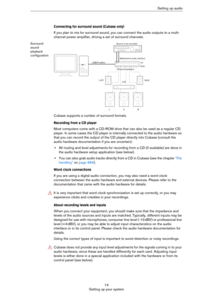 Page 1414
Setting up your systemSetting up audio
Connecting for surround sound (Cubase only)
If you plan to mix for surround sound, you can connect the audio outputs to a multi-
channel power amplifier, driving a set of surround channels.
Surround 
sound 
playback 
configuration
Cubase supports a number of surround formats. 
Recording from a CD player
Most computers come with a CD-ROM drive that can also be used as a regular CD 
player. In some cases the CD player is internally connected to the audio hardware...