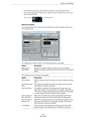 Page 132132
RecordingOptions and Settings
•To activate the precount, click the Precount button on the Transport panel.
You can also select the “Precount On” option on the Transport menu or set up a 
key command for this.
Metronome settings
You make settings for the metronome in the Metronome Setup dialog, opened from 
the Transport menu.
In the Metronome Options section, the following options are available:
The following precount options are available: 
OptionDescription
Metronome in 
Record/PlayAllows you to...
