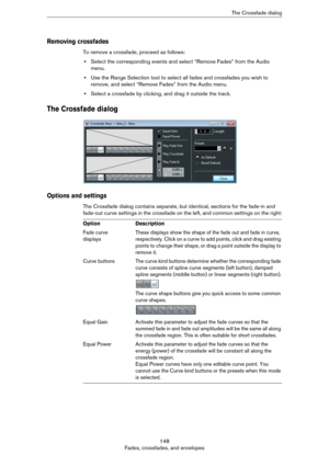 Page 148148
Fades, crossfades, and envelopesThe Crossfade dialog
Removing crossfades
To remove a crossfade, proceed as follows:
•Select the corresponding events and select “Remove Fades” from the Audio 
menu.
•Use the Range Selection tool to select all fades and crossfades you wish to 
remove, and select “Remove Fades” from the Audio menu.
•Select a crossfade by clicking, and drag it outside the track.
The Crossfade dialog
Options and settings
The Crossfade dialog contains separate, but identical, sections for...