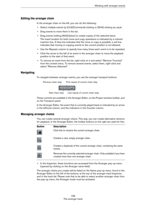 Page 156156
The arranger trackWorking with arranger events
Editing the arranger chain
In the arranger chain on the left, you can do the following:
•Select multiple events by [Ctrl]/[Command]-clicking or [Shift]-clicking as usual.
•Drag events to move them in the list.
•Drag events holding [Alt]/[Option] to create copies of the selected items.
The insert location for both move and copy operations is indicated by a colored 
insertion line. A blue line indicates that the move or copy is possible; a red line...