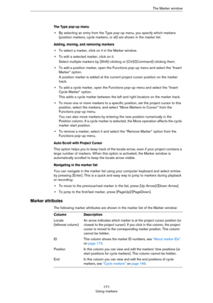 Page 171171
Using markersThe Marker window
The Type pop-up menu
•By selecting an entry from the Type pop-up menu, you specify which markers 
(position markers, cycle markers, or all) are shown in the marker list.
Adding, moving, and removing markers 
•To select a marker, click on it in the Marker window. 
•To edit a selected marker, click on it. 
Select multiple markers by [Shift]-clicking or [Ctrl]/[Command]-clicking them.
•To add a position marker, open the Functions pop-up menu and select the “Insert 
Marker”...