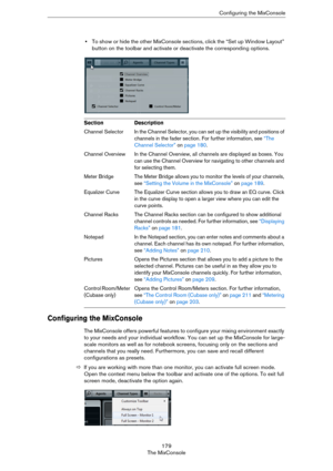 Page 179179
The MixConsoleConfiguring the MixConsole
•To show or hide the other MixConsole sections, click the “Set up Window Layout” 
button on the toolbar and activate or deactivate the corresponding options.
Configuring the MixConsole
The MixConsole offers powerful features to configure your mixing environment exactly 
to your needs and your individual workflow. You can set up the MixConsole for large-
scale monitors as well as for notebook screens, focusing only on the sections and 
channels that you really...