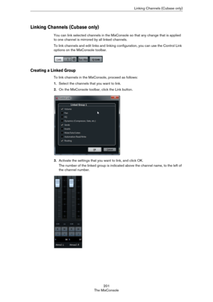 Page 201201
The MixConsoleLinking Channels (Cubase only)
Linking Channels (Cubase only)
You can link selected channels in the MixConsole so that any change that is applied 
to one channel is mirrored by all linked channels. 
To link channels and edit links and linking configuration, you can use the Control Link 
options on the MixConsole toolbar.
Creating a Linked Group
To link channels in the MixConsole, proceed as follows:
1.Select the channels that you want to link.
2.On the MixConsole toolbar, click the Link...