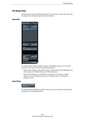 Page 221221
The Control Room (Cubase only)The Setup Pane
The Setup Pane
The Setup pane contains additional settings for the channels. To open the pane, click 
the Setup tab at the bottom right of the Control Room.
Input Gain
For external inputs, Monitor speaker outputs, and Talkback inputs, you can set the 
input gain. This can be useful in the following situations: 
•Use the Gain settings on the external inputs to balance the level of CD players and 
other sources to the Main Mix level, for A/B comparisons....