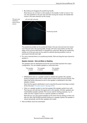 Page 271271
Surround sound (Cubase only)Using the SurroundPanner V5
•By clicking and dragging the positioning handle.
Note that you do not have to click exactly on the handle in order to move it. You 
can click anywhere in the pan area and start moving the mouse, the handle then 
moves in the same direction as the mouse.
The pan area 
showing a 
stereo sound 
source
The positioning handle can be positioned freely in the pan area and even be moved 
out of the pan area. The panning balls, though, will never move...