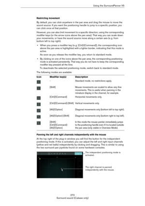 Page 272272
Surround sound (Cubase only)Using the SurroundPanner V5
Restricting movement
By default, you can click anywhere in the pan area and drag the mouse to move the 
sound source. If you want the positioning handle to jump to a specific position, you 
can click once at that position.
However, you can also limit movement to a specific direction, using the corresponding 
modifier keys (or the arrow icons above the pan area). That way you can scale down 
your movements, or have the sound source move along a...