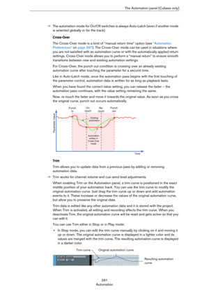 Page 291291
AutomationThe Automation panel (Cubase only)
ÖThe automation mode for On/Off switches is always Auto-Latch (even if another mode 
is selected globally or for the track).
Cross-Over
The Cross-Over mode is a kind of “manual return time” option (see “Automation 
Preferences” on page 297). The Cross-Over mode can be used in situations where 
you are not satisfied with an automation curve or with the automatically applied return 
settings. Cross-Over mode allows you to perform a “manual return” to ensure...