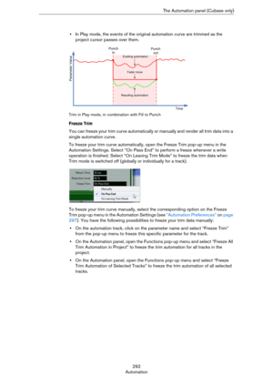 Page 292292
AutomationThe Automation panel (Cubase only)
•In Play mode, the events of the original automation curve are trimmed as the 
project cursor passes over them.
Trim in Play mode, in combination with Fill to Punch
Freeze Trim
You can freeze your trim curve automatically or manually and render all trim data into a 
single automation curve. 
To freeze your trim curve automatically, open the Freeze Trim pop-up menu in the 
Automation Settings. Select “On Pass End” to perform a freeze whenever a write...