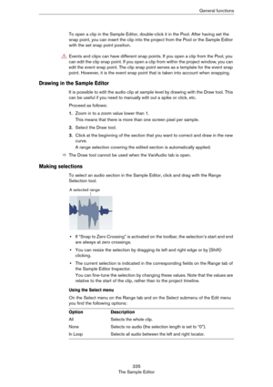 Page 335335
The Sample EditorGeneral functions
To open a clip in the Sample Editor, double-click it in the Pool. After having set the 
snap point, you can insert the clip into the project from the Pool or the Sample Editor 
with the set snap point position.
Drawing in the Sample Editor
It is possible to edit the audio clip at sample level by drawing with the Draw tool. This 
can be useful if you need to manually edit out a spike or click, etc.
Proceed as follows:
1.Zoom in to a zoom value lower than 1.
This...