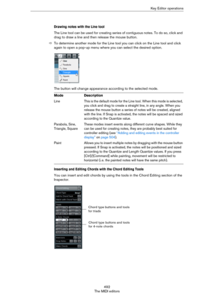 Page 492492
The MIDI editorsKey Editor operations
Drawing notes with the Line tool
The Line tool can be used for creating series of contiguous notes. To do so, click and 
drag to draw a line and then release the mouse button.
ÖTo determine another mode for the Line tool you can click on the Line tool and click 
again to open a pop-up menu where you can select the desired option.
The button will change appearance according to the selected mode.
Inserting and Editing Chords with the Chord Editing Tools
You can...