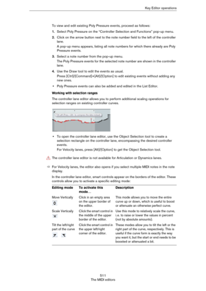 Page 511511
The MIDI editorsKey Editor operations
To view and edit existing Poly Pressure events, proceed as follows:
1.Select Poly Pressure on the “Controller Selection and Functions” pop-up menu.
2.Click on the arrow button next to the note number field to the left of the controller 
lane.
A pop-up menu appears, listing all note numbers for which there already are Poly 
Pressure events.
3.Select a note number from the pop-up menu.
The Poly Pressure events for the selected note number are shown in the...