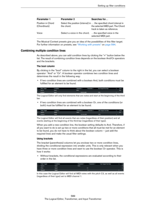 Page 589589
The Logical Editor, Transformer, and Input TransformerSetting up filter conditions
The Musical Context presets give you an idea of the possibilities of this filter target. 
For further information on presets, see 
“Working with presets” on page 594.
Combining multiple condition lines
As described above, you can add condition lines by clicking the “+” button below the 
list. The result of combining condition lines depends on the boolean And/Or operators 
and the brackets.
The bool column
By clicking...