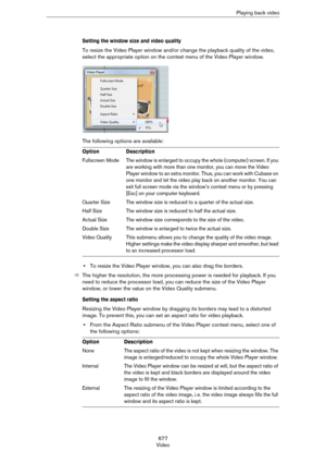 Page 677677
VideoPlaying back video
Setting the window size and video quality
To resize the Video Player window and/or change the playback quality of the video, 
select the appropriate option on the context menu of the Video Player window.
The following options are available:
•To resize the Video Player window, you can also drag the borders.
ÖThe higher the resolution, the more processing power is needed for playback. If you 
need to reduce the processor load, you can reduce the size of the Video Player 
window,...