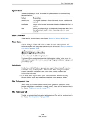 Page 778778
Staff settingsThe Polyphonic tab
System Sizes
This section allows you to set the number of system lines and to control spacing 
between the lines:
Score Drum Map
These settings are described in the chapter “Scoring for drums” on page 883.
Fixed Stems
Activate this if you want all note stems to end at the same vertical position. This 
feature is perhaps most often used when scoring for drums (see 
“Setting up a staff for 
drum scoring” on page 886).
A drum pattern with Fixed Stem length activated
The...