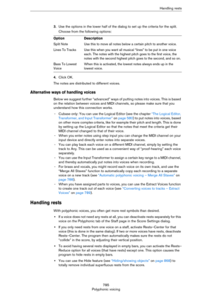 Page 785785
Polyphonic voicingHandling rests
3.Use the options in the lower half of the dialog to set up the criteria for the split.
Choose from the following options:
4.Click OK.
The notes are distributed to different voices.
Alternative ways of handling voices
Below we suggest further “advanced” ways of putting notes into voices. This is based 
on the relation between voices and MIDI channels, so please make sure that you 
understand how this connection works.
- Cubase only: You can use the Logical Editor (see...
