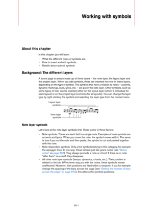 Page 811811
Working with symbols
About this chapter
In this chapter you will learn:
- What the different types of symbols are.
- How to insert and edit symbols.
- Details about special symbols.
Background: The different layers
A score page is always made up of three layers – the note layer, the layout layer and 
the project layer. When you add symbols, these are inserted into one of these layers, 
depending on the type of symbol. The symbols that have a relation to notes – accents, 
dynamic markings, slurs,...
