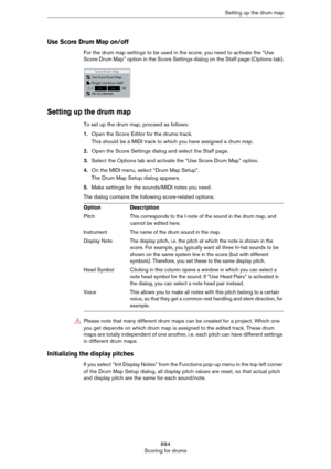 Page 884884
Scoring for drumsSetting up the drum map
Use Score Drum Map on/off
For the drum map settings to be used in the score, you need to activate the “Use 
Score Drum Map” option in the Score Settings dialog on the Staff page (Options tab).
Setting up the drum map
To set up the drum map, proceed as follows:
1.Open the Score Editor for the drums track.
This should be a MIDI track to which you have assigned a drum map.
2.Open the Score Settings dialog and select the Staff page.
3.Select the Options tab and...