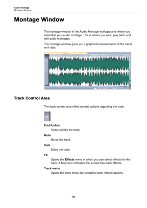 Page 157Audio Montage
Montage Window
157
Montage Window
The montage window in the Audio Montage workspace is where you 
assemble your audio montage. This is where you view, play back, and 
edit audio montages.
The montage window gives you a graphical representation of the tracks 
and clips.
Track Control Area
The track control area offers several options regarding the track.
Fold/Unfold
Folds/unfolds the track.
Mute
Mutes the track.
Solo
Solos the track.
FX
Opens the Effects menu in which you can select effects...