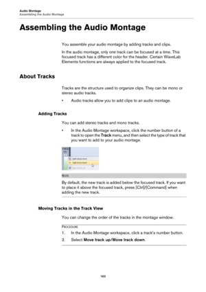Page 163Audio Montage
Assembling the Audio Montage
163
Assembling the Audio Montage
You assemble your audio montage by adding tracks and clips.
In the audio montage, only one track can be focused at a time. This 
focused track has a different color for the header. Certain WaveLab 
Elements functions are always applied to the focused track.
About Tracks
Tracks are the structure used to organize clips. They can be mono or 
stereo audio tracks.
•Audio tracks allow you to add clips to an audio montage.
Adding...