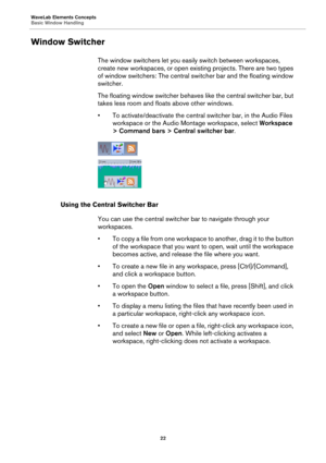 Page 22WaveLab Elements Concepts
Basic Window Handling
22
Window Switcher
The window switchers let you easily switch between workspaces, 
create new workspaces, or open existing projects. There are two types 
of window switchers: The central switcher bar and the floating window 
switcher.
The floating window switcher behaves like the central switcher bar, but 
takes less room and floats above other windows.
• To activate/deactivate the central switcher bar, in the Audio Files 
workspace or the Audio Montage...