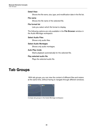 Page 30WaveLab Elements Concepts
Tab Groups
30
Detail View
Shows the file name, size, type, and modification date in the file list.
File name
Shows the file name of the selected file.
File format list
Lets you select which file format to display.
The following options are only available in the File Browser window in 
the Audio Montage workspace:
Select Audio Files
Shows only audio files.
Select Audio Montages
Shows only audio montages.
Auto-Play mode
Starts playback automatically for the selected file.
Play...