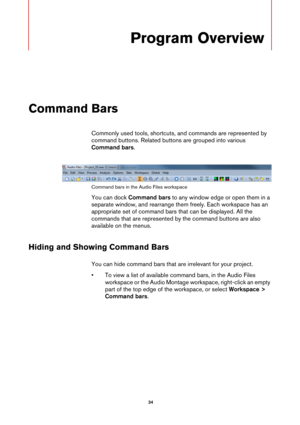 Page 34 34
Program Overview
Command Bars
Commonly used tools, shortcuts, and commands are represented by 
command buttons. Related buttons are grouped into various 
Command bars.
Command bars in the Audio Files workspace
You can dock Command bars to any window edge or open them in a 
separate window, and rearrange them freely. Each workspace has an 
appropriate set of command bars that can be displayed. All the 
commands that are represented by the command buttons are also 
available on the menus.
Hiding and...