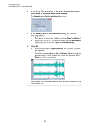 Page 57Program Overview
Saving a Picture of the Active Window
57
2. In the Audio Files workspace or the Audio Montage workspace, 
select View > Save picture of active window.
The Save picture of active window dialog opens.
3. In the Save picture of active window dialog, you have the 
following options:
• To copy the picture to the clipboard, activate Copy to clipboard.
• To save the picture in a specified file format, activate Save as file. 
Optionally, you can activate Open picture after saving.
4. Click OK.
•...