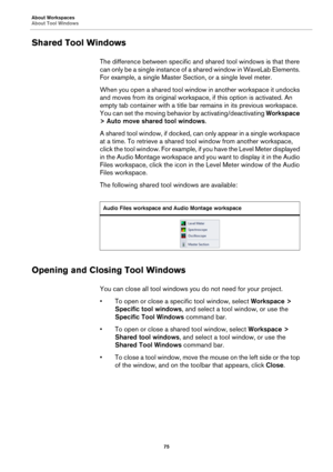 Page 75About Workspaces
About Tool Windows
75
Shared Tool Windows
The difference between specific and shared tool windows is that there 
can only be a single instance of a shared window in WaveLab Elements. 
For example, a single Master Section, or a single level meter.
When you open a shared tool window in another workspace it undocks 
and moves from its original workspace, if this option is activated. An 
empty tab container with a title bar remains in its previous workspace. 
You can set the moving behavior...