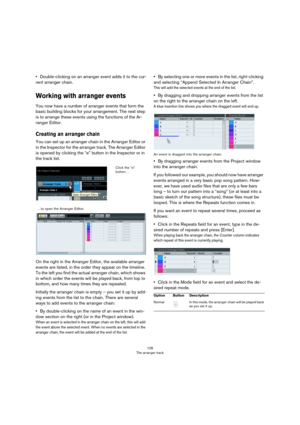 Page 126126
The arranger track
•Double-clicking on an arranger event adds it to the cur-
rent arranger chain.
Working with arranger events
You now have a number of arranger events that form the 
basic building blocks for your arrangement. The next step 
is to arrange these events using the functions of the Ar
-
ranger Editor.
Creating an arranger chain
You can set up an arranger chain in the Arranger Editor or 
in the Inspector for the arranger track. The Arranger Editor 
is opened by clicking the “e” button in...