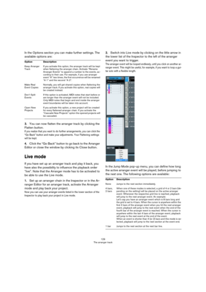 Page 129129
The arranger track
In the Options section you can make further settings. The 
available options are:
3.You can now flatten the arranger track by clicking the 
Flatten button.
If you realize that you want to do further arrangements, you can click the 
“Go Back” button and make your adjustments. Your Flattening settings 
will be kept.
4.Click the “Go Back” button to go back to the Arranger 
Editor or close the window by clicking its Close button.
Live mode
If you have set up an arranger track and play...