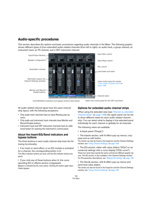 Page 155155
The Mixer
Audio-specific procedures
This section describes the options and basic procedures regarding audio channels in the Mixer. The following graphic 
shows different types of (non-extended) audio-related channels (from left to right): an audio track, a group channel, an 
instrument track, an FX channel, and a VST instrument channel: 
  
All audio-related channel types have the same channel 
strip layout, with the following exceptions:
• Only audio track channels have an Input Routing pop-up...