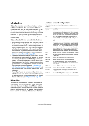 Page 218218
Surround sound (Cubase only)
Introduction
Cubase has integrated surround sound features with sup-
port for several formats. This support goes all the way 
through the audio path: all audio-related channels (i.
 e. au-
dio and instrument tracks as well as group channels) and 
busses can handle multi-channel speaker configurations. A 
channel in the Mixer can either carry complete surround 
mixes, or an individual speaker channel which is part of a 
surround setup.
Cubase offers the following...