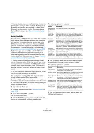 Page 291291
The Sample Editor
•You can disable your warp modifications by clicking the 
Disable Warp Changes button on the AudioWarp tab or 
by setting up and using the “VariAudio – Disable Warp 
Changes” key command in the Key Commands dialog, 
Sample Editor category (see 
“Key commands” on page 
541).
Extracting MIDI
You can extract a MIDI part from your audio. This is useful 
if you have an audio event with a certain tune and sound 
and you want to create an identical second tune with a 
MIDI instrument or...