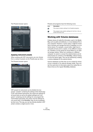 Page 329329
The MediaBay
The Presets browser opens:
Applying instrument presets
When working with VST instruments, you can choose 
from a variety of presets via the Presets pop-up menu. 
The Presets browser opens:
VST presets for instruments can be divided into two 
groups: “presets” containing the settings of the whole plug-
in (for multi-timbral instruments, this means the settings for 
all sound slots as well as the global settings) and “pro
-
grams” containing only the settings for one program (for...