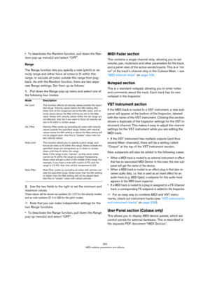 Page 352352
MIDI realtime parameters and effects
•To deactivate the Random function, pull down the Ran-
dom pop-up menu(s) and select “OFF”.
Range
The Range function lets you specify a note (pitch) or ve-
locity range and either force all notes to fit within this 
range, or exclude all notes outside this range from play
-
back. As with the Random function, there are two sepa-
rate Range settings. Set them up as follows:
1.Pull down the Range pop-up menu and select one of 
the following four modes:
2.Use the two...